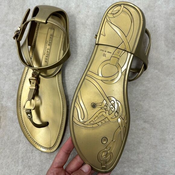 ⛔️SOLD⛔️NEW Ralph Lauren Collection Gold Jelly Strappy Horse bit Thong Buckl - Picture 6 of 9